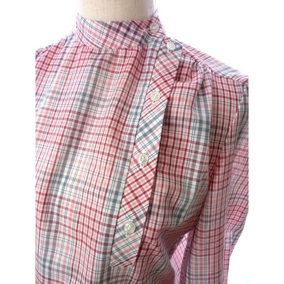 Vintage Pink Plaid Academia Prep Asymmetric Off Centered Shirt Top Retro - Picture 2 of 5